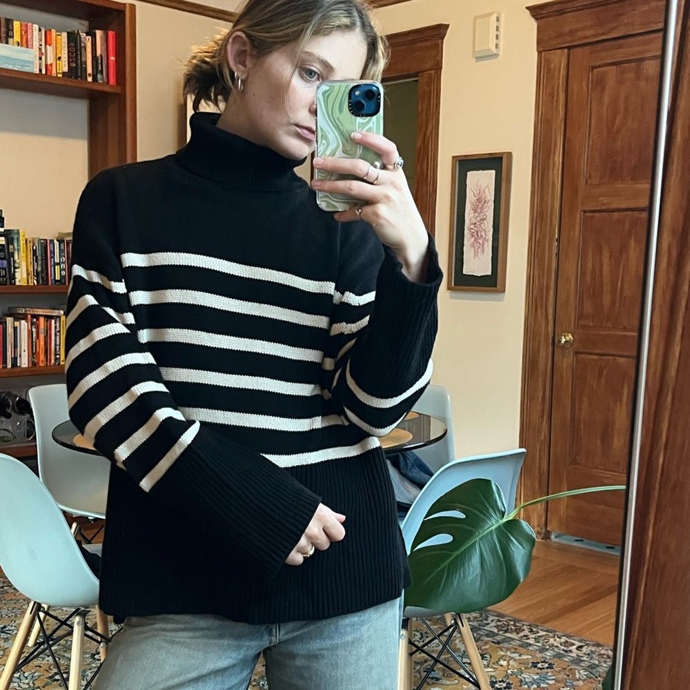 GAP Black and Cream Striped Cowl Neck Sweater